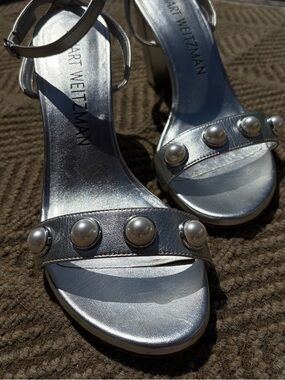 Stuart Weitzman Silver Metallic Pearl-Stud Heeled Sandals